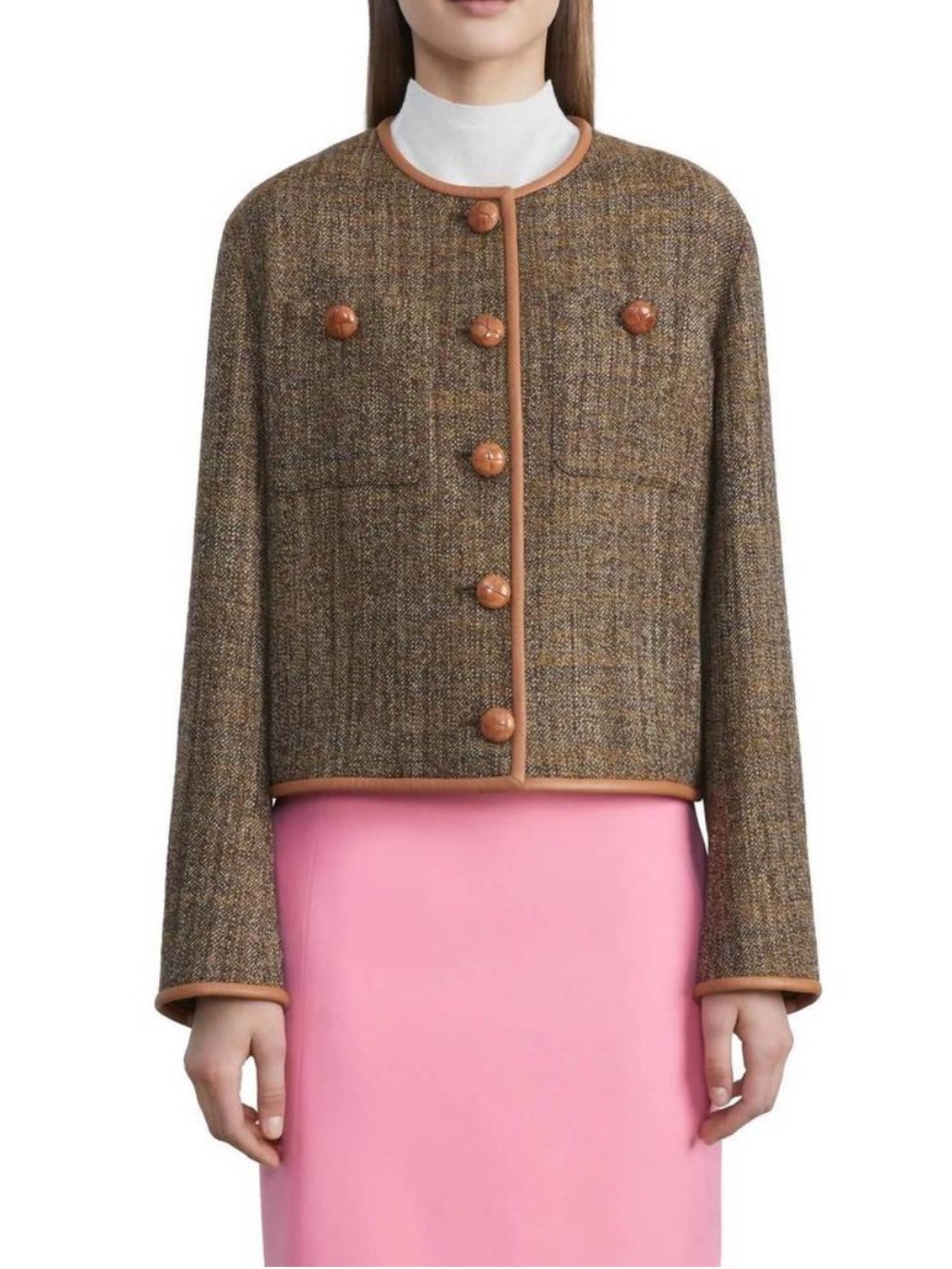 Lafayette 148 New York Highlands Donegal Leather Trim Tweed Jacket Size M Brown